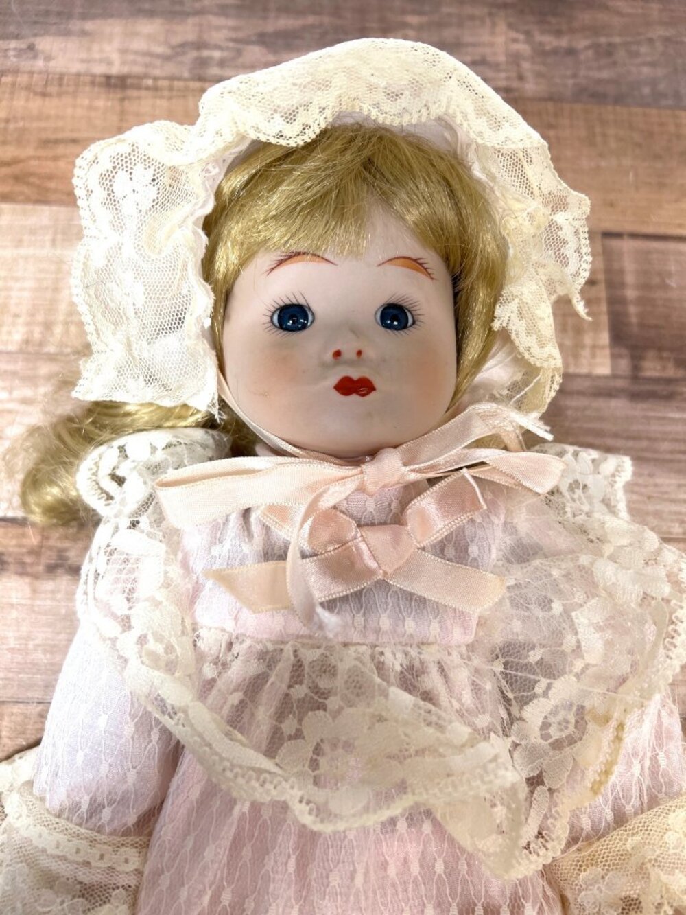 Porcelain Doll In Pink Lace Dress With Bonnet – Vintage Collectible - Picture 2 of 5